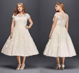 Vintage Tea-length Plus Size A-line Garden Outdoor Wedding Dresses 2019 Oleg Cassini Short Sleeve Holiday Beach Sheer Back Bridal Dress