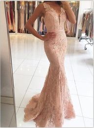 pink Mermaid prom Dresses V-Neck Appliqued With Lace Beaded See Through back covered buttons Vestido Longo Prom Dresses Evening Gown