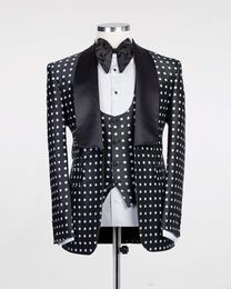 Custom Design Black White dot Men Wedding Tuxedos Shawl Lapel One Button Groom Tuxedos High Quality Men 3 Piece Suit(Jacket+Pants+Tie+Vest)2