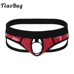 TiaoBug Men Faux Leather Open Back and Hollow Out Jockstrap Male Sexy Underwear Bikini G-string Underpants with Metal O-Ring