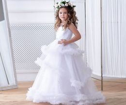New Arrival Ruffled Lace Flower Girl Dresses For Wedding Beaded Toddler Pageant Gowns Tulle Tiered Floor Length White Kids Prom Dress