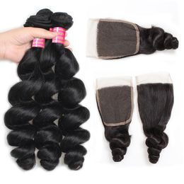 peruvian hairs UK - Meetu Brazilian Loose Wave Human Hair Bundles with 4x4 Lace Closure Virgin Weave Extensions for Women All Ages 8-28inch Natural Black