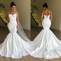 2019 Últimas Sereia cetim vestidos de casamento sexy spaghetti pescoço lace up back applique vestidos nupciais vestios de novia África do Sul vestido de noiva