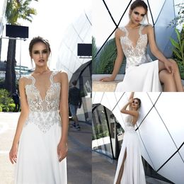 Illusion Boho Wedding Dresses High Side Split Jewel Neck Beaded Chiffon Lace Appliqued Rhinestone Beach Bridal Dress Sweep Train Wedding