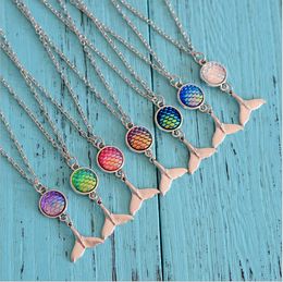 Fish Scale Mermaid Cabochon Necklace Silver Mermaid Tail Pendants Chain for Women Girls Fashion jewelry Gift