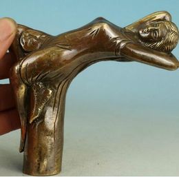 YU Old Bronze Crutches Head Hand Carved Beautiful Collect Statue Walking Stick Head