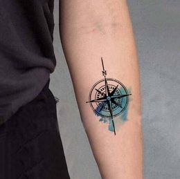 Faux Autocollants De Tatouage Temporaires Imperméables Cool Blue Aquarelle Compass Design Art Corporel Outils De Maquillage