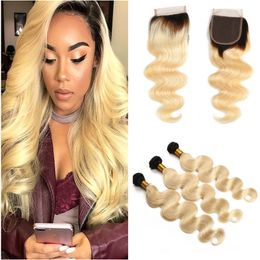 Blonde Ombre Hair Weaves With Lace Closure Brazilian Virgin Human Hair Bundles 3Pcs With Lace Closure Ombre 613 Body Wave Lace Closure