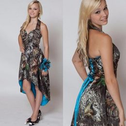 Blue Camo Druhna Dresses 2020 Krótki Przód Długo Back Wedding Party Dress Camouflage Halter Hi-Lo Maid Honor Druhna Suknia Bo8268