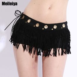 Women's sexy club dancing DS performance low waist lacing bandage tassel fringe patchwork bodycon shorts black white 2 Colours