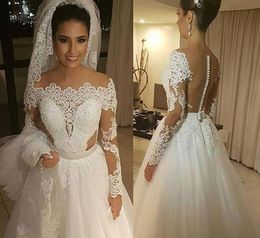 2022 Vintage Lace Wedding Gowns Dresses Off The Shoulder Long Sleeve Court Train Applique Beaded Illusion Back Plus Size Custom Made Bridal Gown