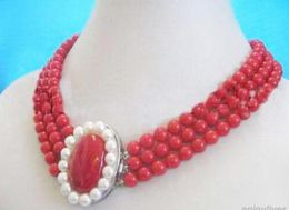 lovely 3 Rows Red Coral Beads White Pearl Clasp Pendant Necklace word wholesale925 silver fine quality Jewellery nature fresh pear