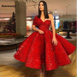 2023 Red Muslim Evening Dresses Ball Gown One-shulder Tea Length Sequins Islamic Dubai Kaftan Saudi Arabic Long Evening Gown