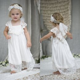 Lovely 2018 Beach Boho Flower Girl Dresses For Weddings Cheap Short Sleeve Square Cris Cross Back Lace Tulle Christening Gowns EN12133