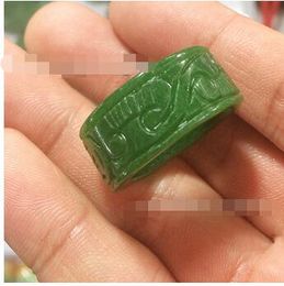 Natural jade Myanmar Green Iron dragon carved jade ring men and women emperors green full green pull ring