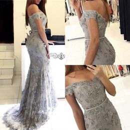 Elegant Gray Lace Mermaid Prom Dresses Off The Shoulder Appliques Beading Floor Length Backless Evening Gowns Party Dresses