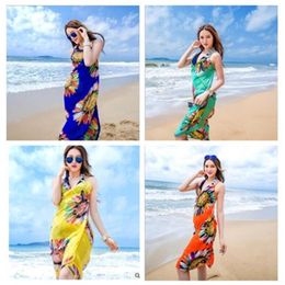 Women Floral Bikini Cover Ups Print Sexy Pareo Beach Dress Bohemian Sarong Chiffon Beach Bikini Wrap Swimwear Scarf Shawl Brace 6color