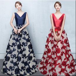 High Quality Navy Blue Dark Red V-neck Sleeveless Satin and Lace Bridesmaids Dresses Empire Pleats Long Maid Of Honour Wedding Party Dress