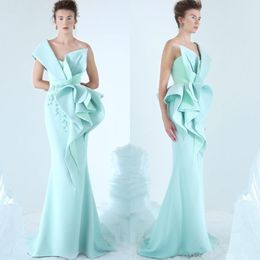 Mint Green Mermaid Evening Dresses One Shoulder Ruffles Ruched Prom Gowns Glamorous Dubai Fashion Satin Floor Length Party Dress