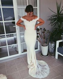 Off The Shoulder Mermaid Evening Dresses Lace Satin Backless White Ivory Mermaid Prom Dresses Formal Gowns Sweep Train