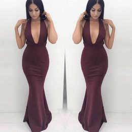 New Design Burgundy Simple Cheap Mermaid Prom Dresses Deep V Neck Backless Floor Length Formal Party Wear Evening Gowns Cheap Gowns