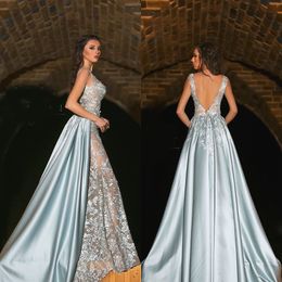 V-Neck See Through Prom Dress With Satin Over-Skirt Full Lace Applique Sleeveless Mermaid Celebrity Dress Custom Made Glamorous Evening Dres
