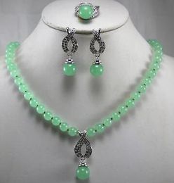 Beautiful Jewellery 8MM Green Jade Pendant Necklace Earring Ring Set2184