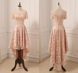 Rose Gold Lace Prom Dress High Low Off shoulder with Sleeves 2022 Lace up Back Designer Cheap Evening Formal Gowns New