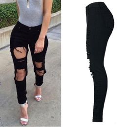 New Fashion 2018 Elastic Cotton Women's Black High Waist Torn Jeans Ripped Hole Knee Skinny Pencil Pants Slim Capris