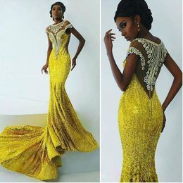 Gold Sequin Mermaid Evening Wear Scoop Neck Short Sleeve Mermaid Prom Gowns Sweep Train Beads Formal Evening Dress