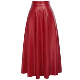 Kate Kasin Sexy High Waist Synthetic Leather Womens Skirts Autumn Winter 2018 Women Long Skirt Red Black Vintage Pleated Skirt C18111301