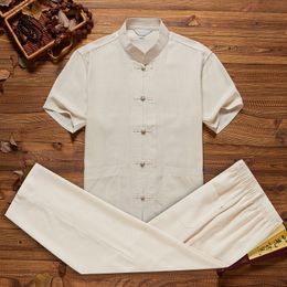 P Men's Cotton Linen Short Sleeve Shirt&pant Chinese Style Solid Mandarin Collar Tang Suit Loose Tai Chi Set Size M-3XL