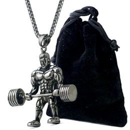 Strong Man Dumbbell Pendant Necklace Stainless Steel Chain Fitness Weight Lifting Necklace Men Gym Hip Hop Jewellery