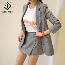 Summer Fall Office Lady V-Neck Grey Plaid Suit Full Sleeve Jacket Top+ High Waist Mini Skirt/Short Woman 2 Piece Set Hot S87434X