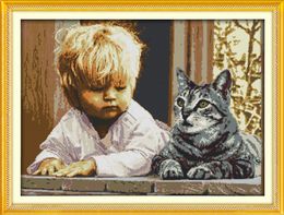 Boy and cat kid animal diy decor paintings , Handmade Cross Stitch Embroidery Needlework sets counted print on canvas DMC 14CT /11CT