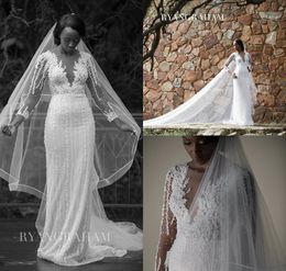 Modest Mermaid Wedding Dresses With Pearls Jewel Neck Long Sleeves Sweep Train Country Bridal Gowns African Plus Size Wedding Dress
