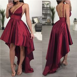 Dark Red Taffeta Sexy Prom Dress High Low V Neck Spaghetti Straps Short Formal Party Gowns Backless Evening Wear Cocktail Gowns