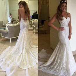 Sexy Mermaid Spaghetti Straps Backless Lace Bridal Gown Beaded Court Train Open Back Wedding Dresses Custom Made