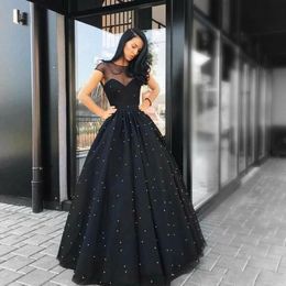 2018 Evening Dresses Wear Arabic Cheap Black Sheer Jewel Neck Short Sleeves Tulle Floor Length Beaded Pearls A Line Vestido Party Prom Gowns