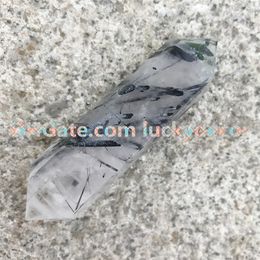 5pcs Wholesale Rare Carved Natural Black Tourmaline Rutilated Quartz Stone Points Cut Faceted Prism Double Terminated Crystal Wand Pick Size