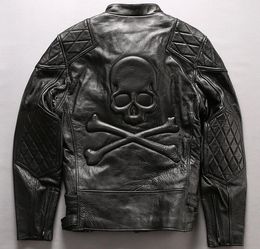 black Off-road motorcycle genuine leather jackets with ykk zipper stand collar skull head Stamped racing leather jacket