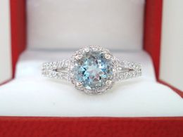 Fashion Noble 14K White Gold Sea Blue Jewel Cocktail Wedding Eengagement Princess Princess Bridal Ring Love Diamond Ring Size 6-10