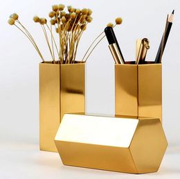Metal Pencil Cup Nordic style Hexagon brass gold stainless steel metal vase Gold pen holder storage tube storage container desk ornament