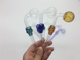 Colorful Curved Glass Oil Burner Pipe with Balancer 14CM Thick Glass Pipes Oil Burner Glass Pipe skull shape dry herb smoking pipes 2PCS