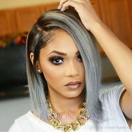 Ombre Grey Bob Human Hair Wig Lace Front Wig Ombre Color Two Tone Black To Grey Bob Wig For Women