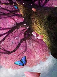 3d wallpaper for ceiling Fantasy romantic purple leaves big tree blue butterfly flying zenith fresco