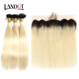 9A Ombre 1B/613 Bleach Blonde 13x4 Lace Frontal Closure With 3 Bundles Brazilian Peruvian Malaysian Russian Straight Virgin Human Hair Weave