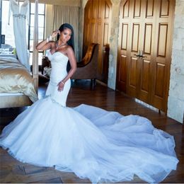 Sexy White Court Train Mermaid Wedding Dresses Sweetheart Zipper/Lace-up Back Pleats Tulle Satin with Sparkling Beads Crystal