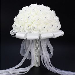 2016 New Crystal White Bridal Wedding Bouquets Beads Bridal Holding Flowers Hand Made Artificial Flowers Rose Bride Bridesmaid