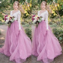 Bright Lilac Garden Country Wedding Dresses Deep V Neck Long Sleeves Lace Appliques Tulle Bridal Dress Glamorous Boho Beach Wedding Gowns